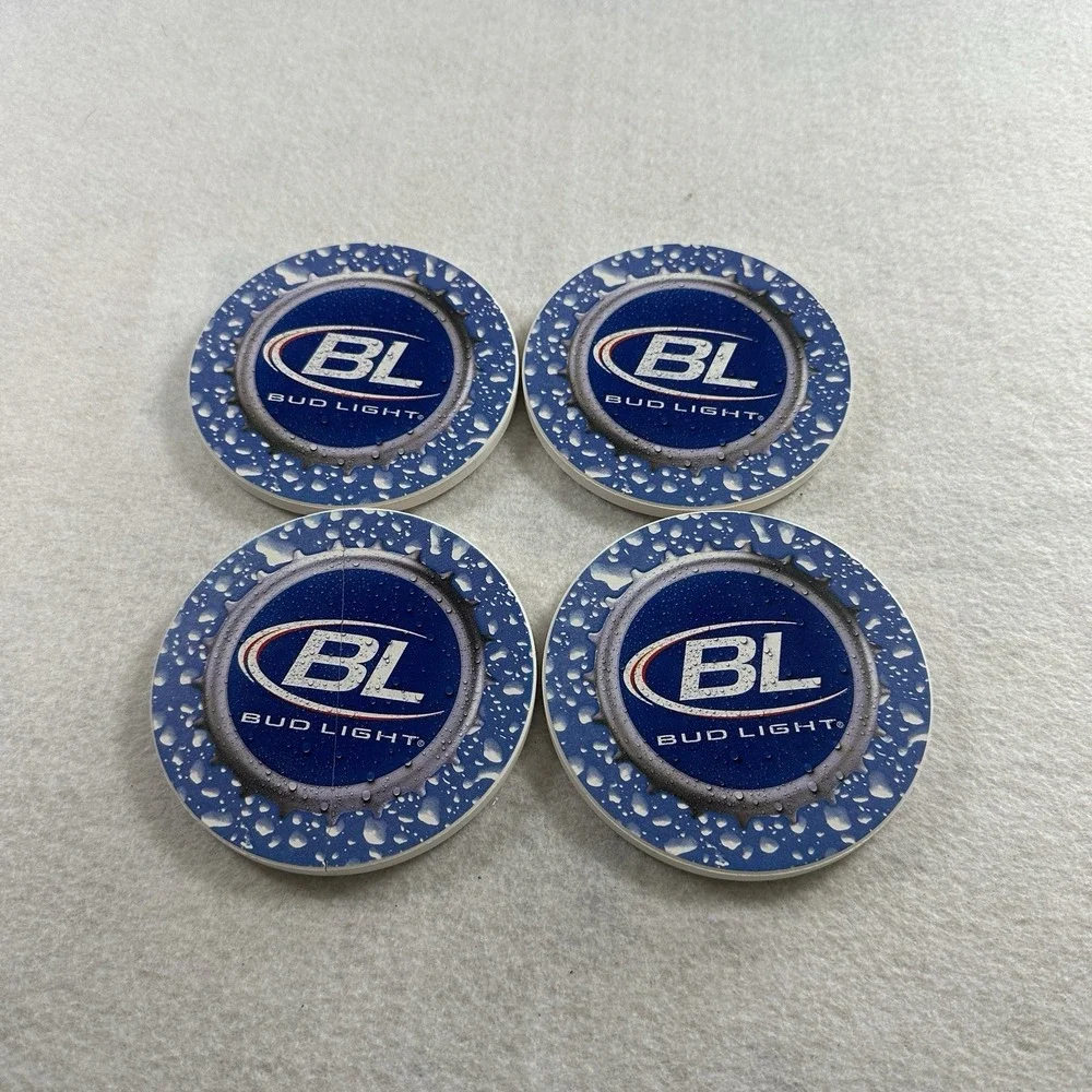 Set of 4 Bud Light Bottle Cap Image 4in Round Ceramic Coasters w/Cork Back